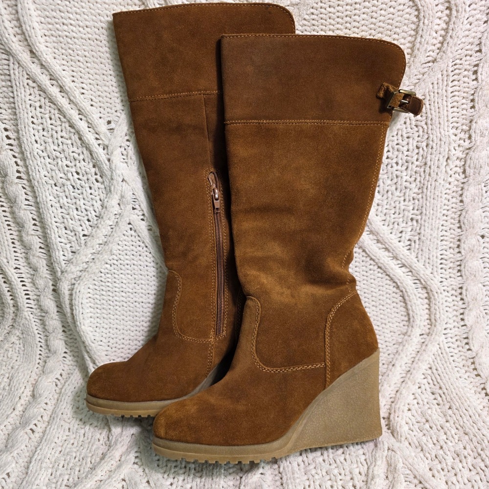 Bjorndal Lyndall Wedge Knee High Boots Brown Suede Shearling Lined Womens 6 Good